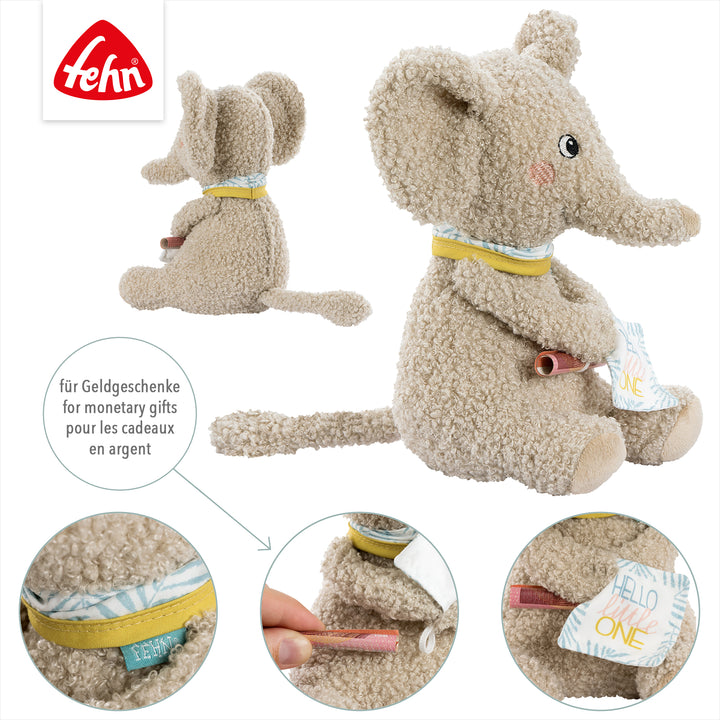 Detailansicht des Baby Kuscheltier Elefant mit Schlaufe für Geldgeschenk
