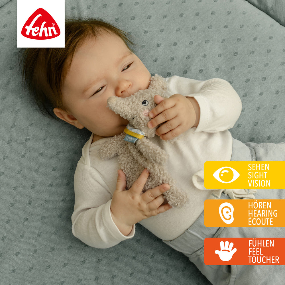 Baby entdeckt Baby Knister-Elefant aus weichem Curly-Stoff
