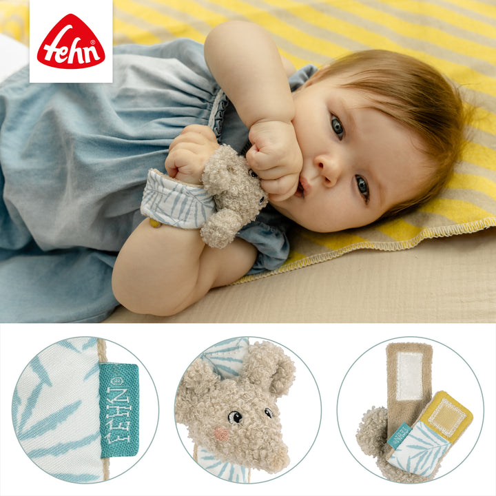 Detailansicht des Baby Rasselarmbands Elefant mit integrierter Rassel und Klettverschluss
