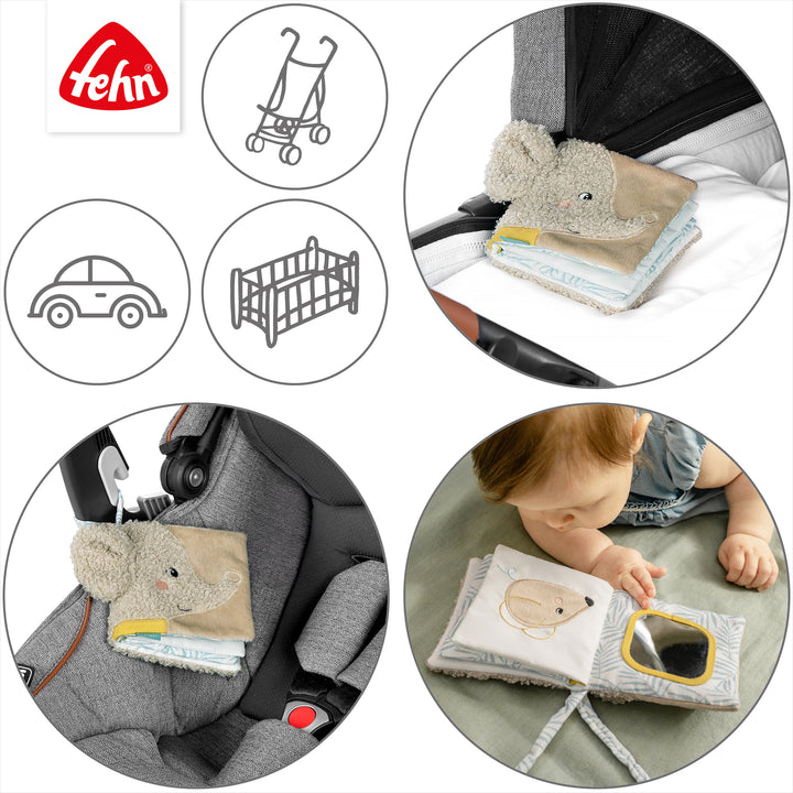 Baby Stoffbuch Elefant an Kinderwagen und Babyschale befestigt
