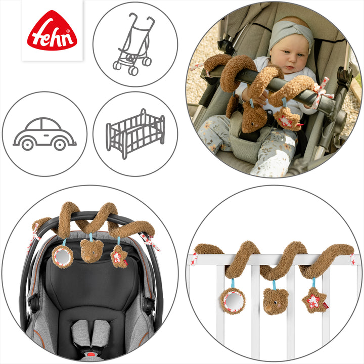 Baby Activity-Spirale Bär an Babybett, Babyschale und Kinderwagen befestigt