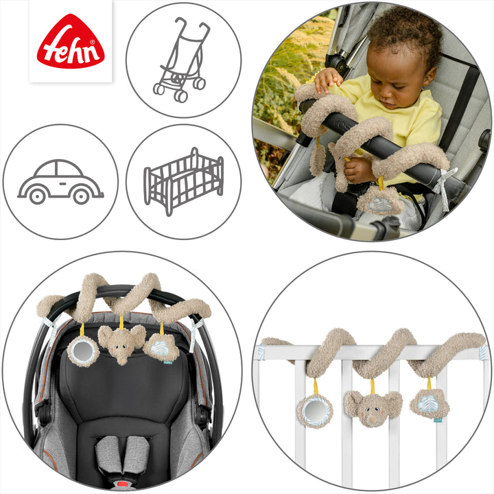 Baby Activity-Spirale Elefant an Babybett, Babyschale und Kinderwagen befestigt