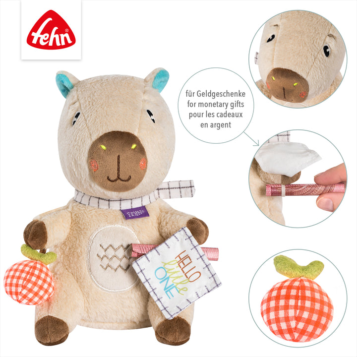 Detailansicht des Baby Kuscheltier Capybara mit Schlaufe für Geldgeschenk