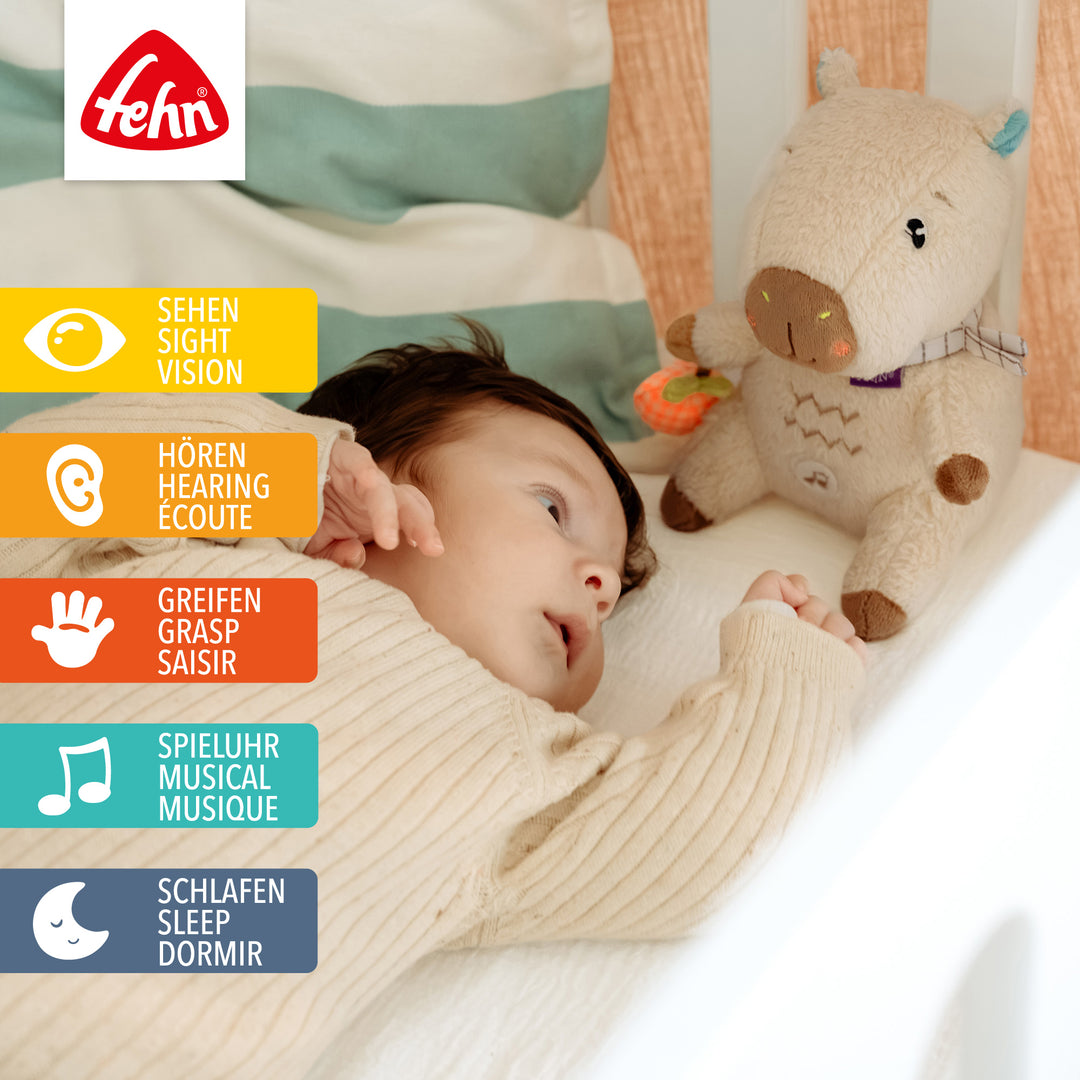 Baby liegt mit Baby Einschlafhilfe Capybara im Babybett