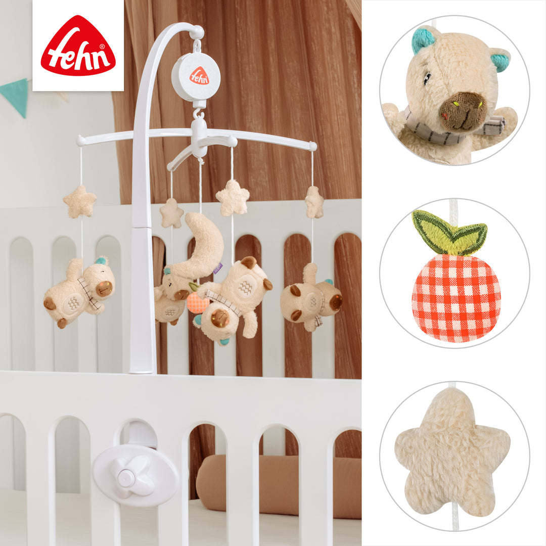 Detailansicht des Baby Musik-Mobile Capybara mit Plüschfiguren
