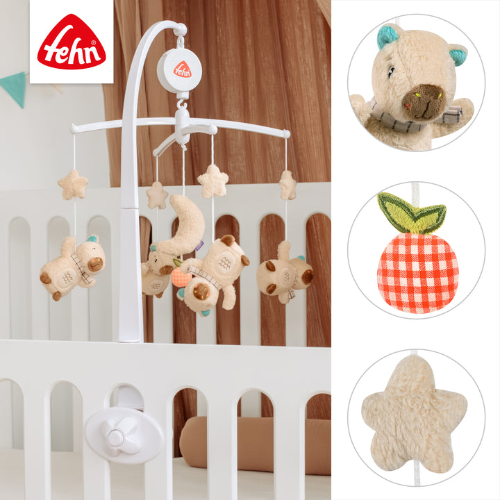 Detailansicht des Baby Musik-Mobile Capybara mit Plüschfiguren
