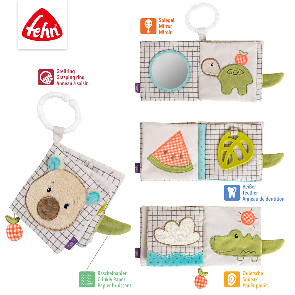 Innenseiten des Baby Stoffbuchs Capybara mit Spielelementen