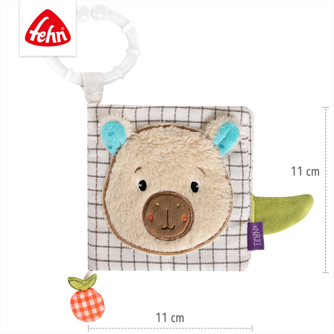 Baby Stoffbuch Capybara mit Greifring, Spiegel, Quietsche, Beißer und Raschelpapier, 11 x 11 cm
