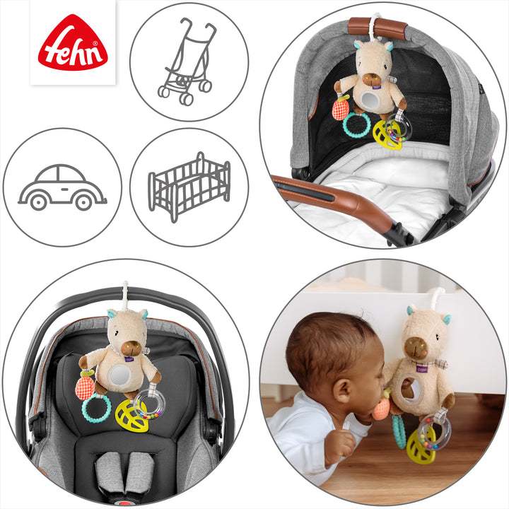 Baby Activity-Capybara an Babyschale und Kinderwagen befestigt