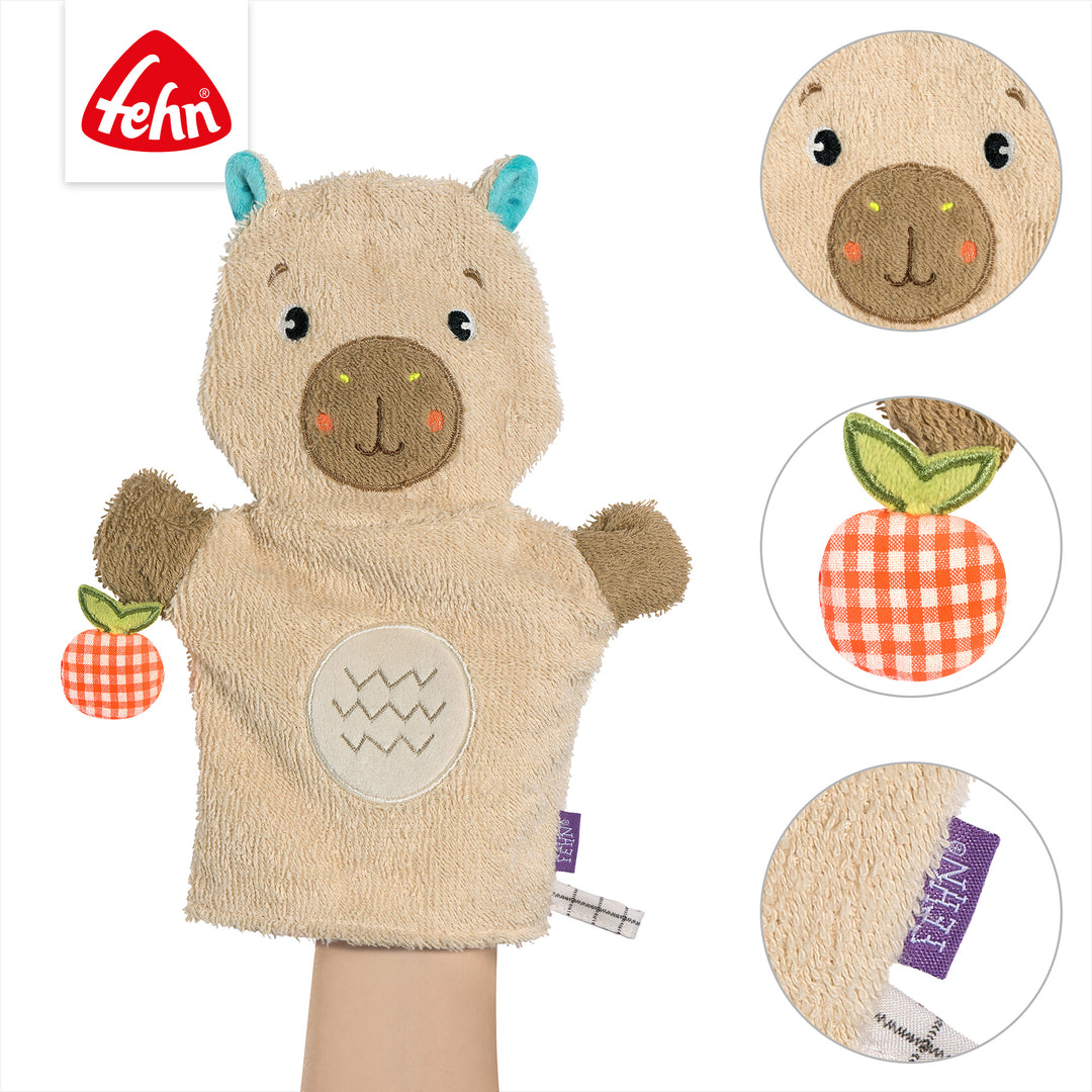 Details des Baby Waschhandschuhs Capybara aus weichem Frottee