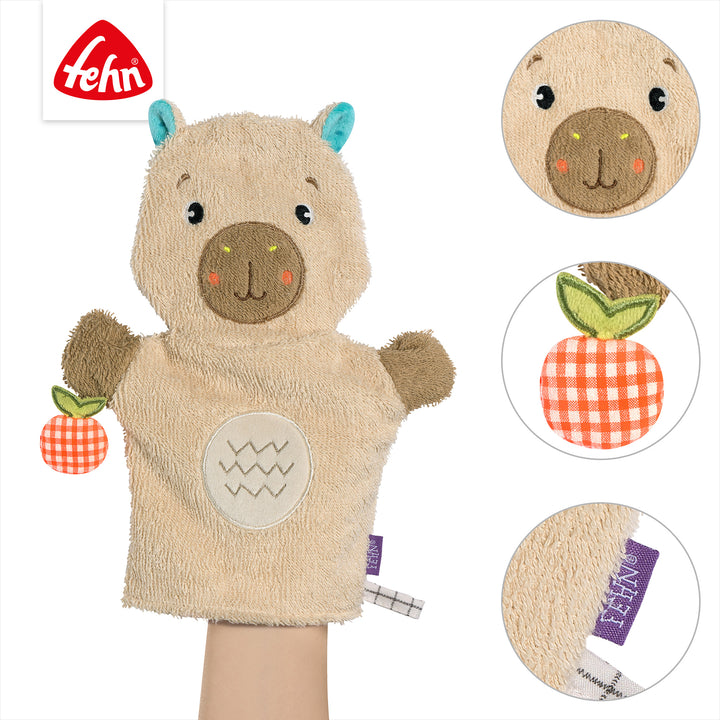 Details des Baby Waschhandschuhs Capybara aus weichem Frottee