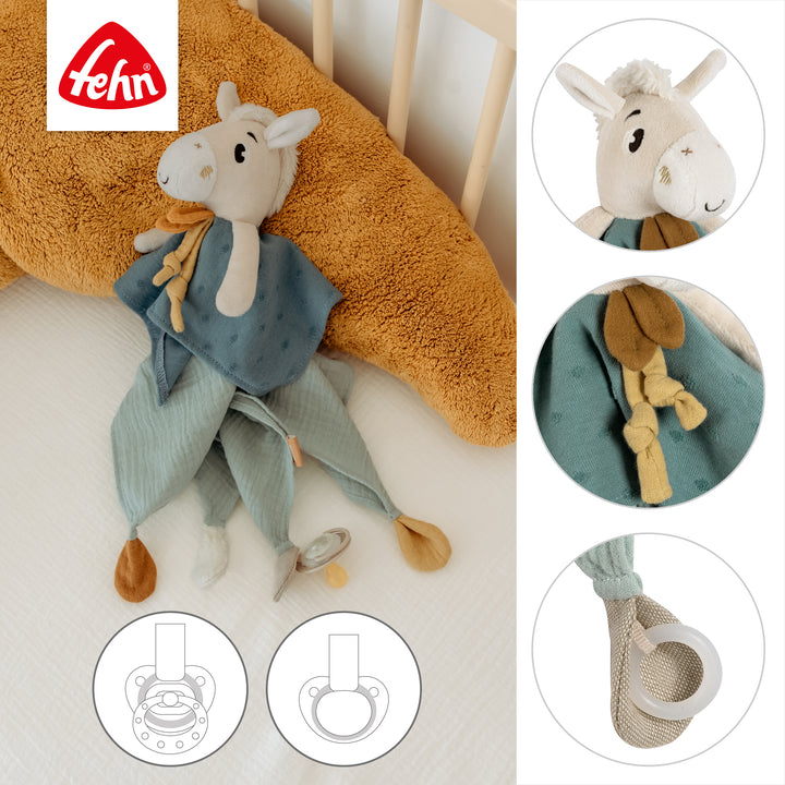Detailansicht des Baby Schmusetuchs Pferd mit Schnullerring