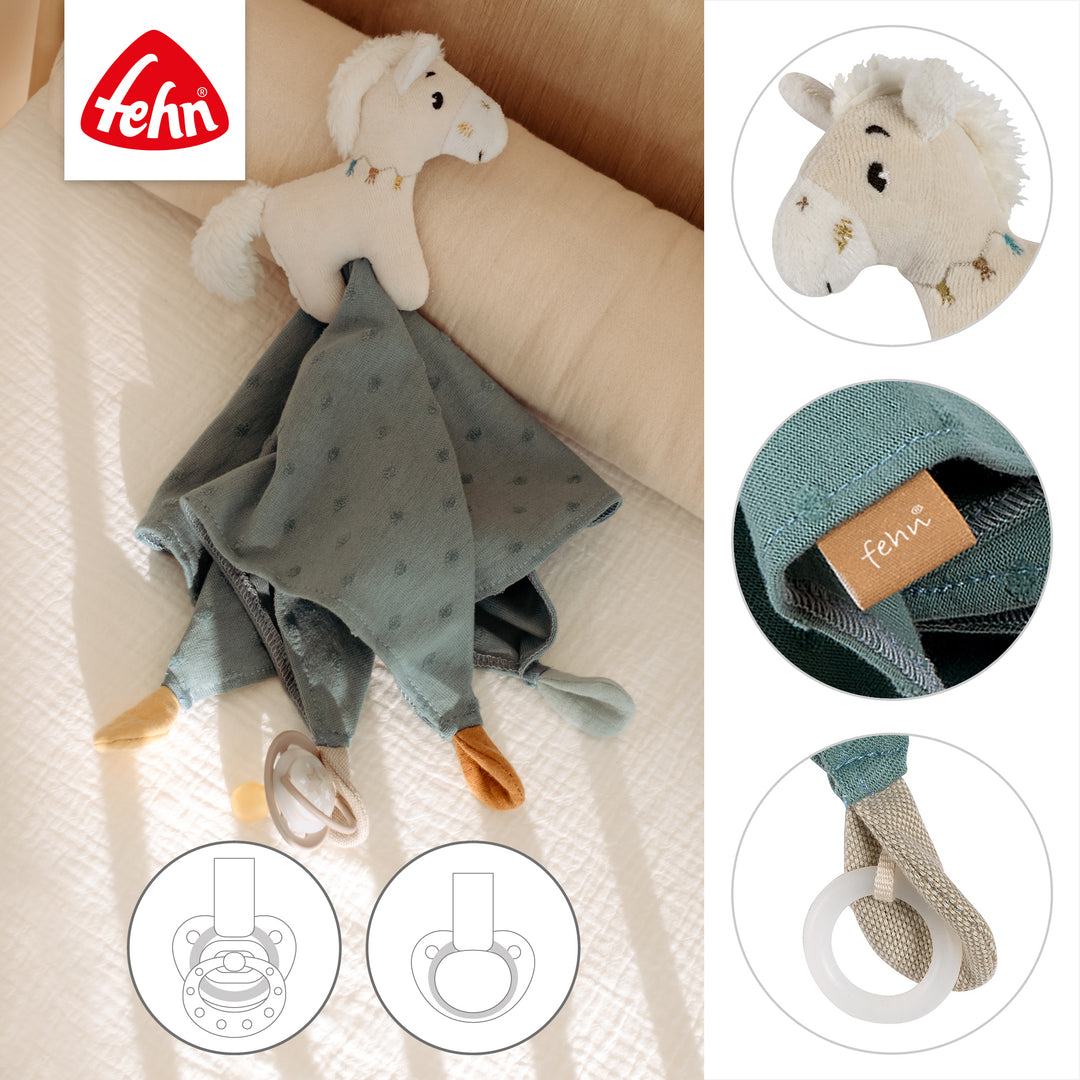 Detailansicht des Baby Schmusetuchs Pferd mit Schnullerring