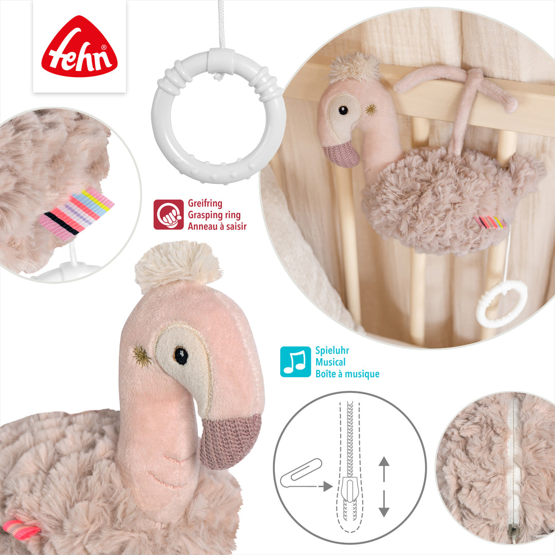 Detailansicht der Baby Spieluhr Flamingo mit Reißverschluss