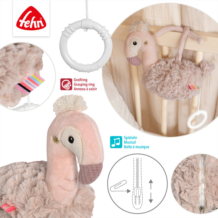 Detailansicht der Baby Spieluhr Flamingo mit Reißverschluss