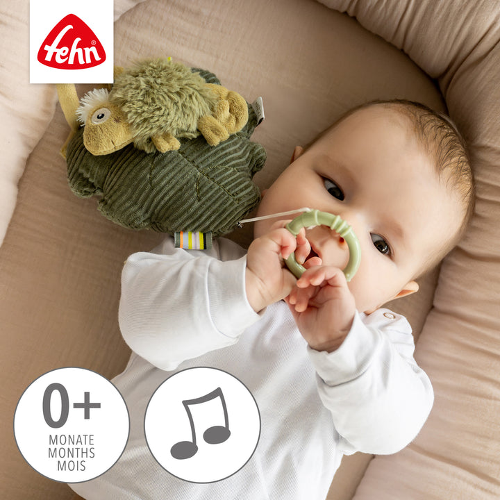 Baby spielt mit Baby Spieluhr Chamäleon