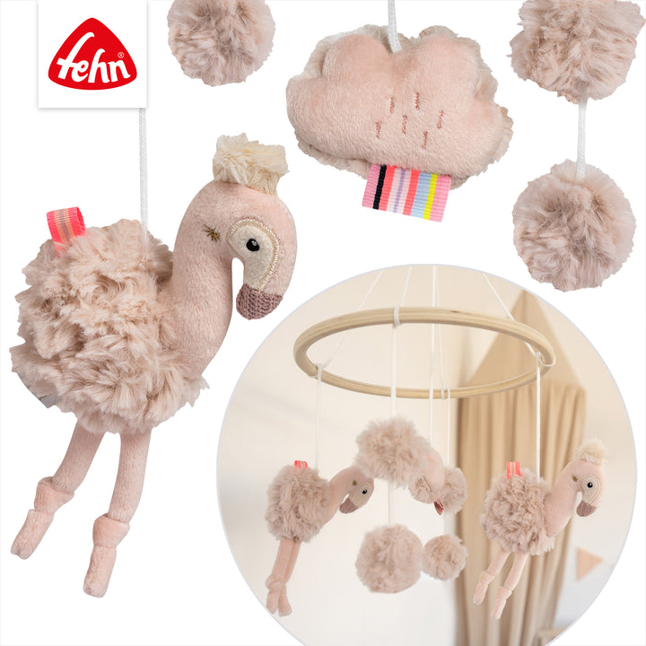 Detailansicht des Baby Holz-Mobile Flamingo mit Plüschfiguren