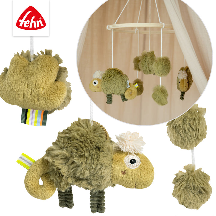 Detailansicht des Baby Holz-Mobile Chamäleon mit Plüschfiguren