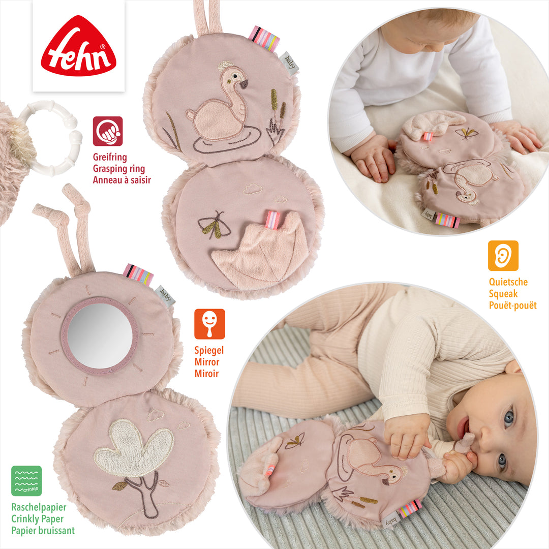 Innenseiten des Baby Stoffbuchs Flamingo mit Spielelementen