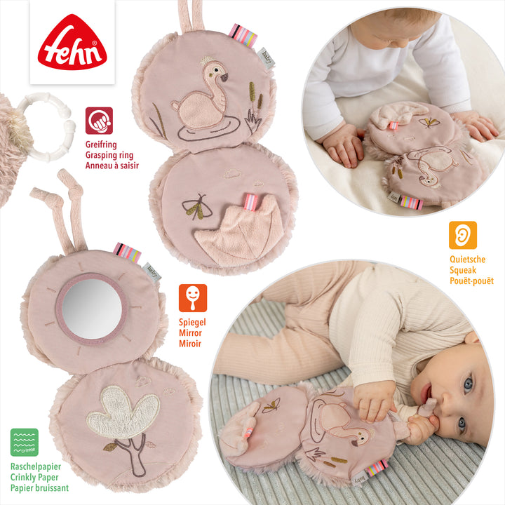 Innenseiten des Baby Stoffbuchs Flamingo mit Spielelementen