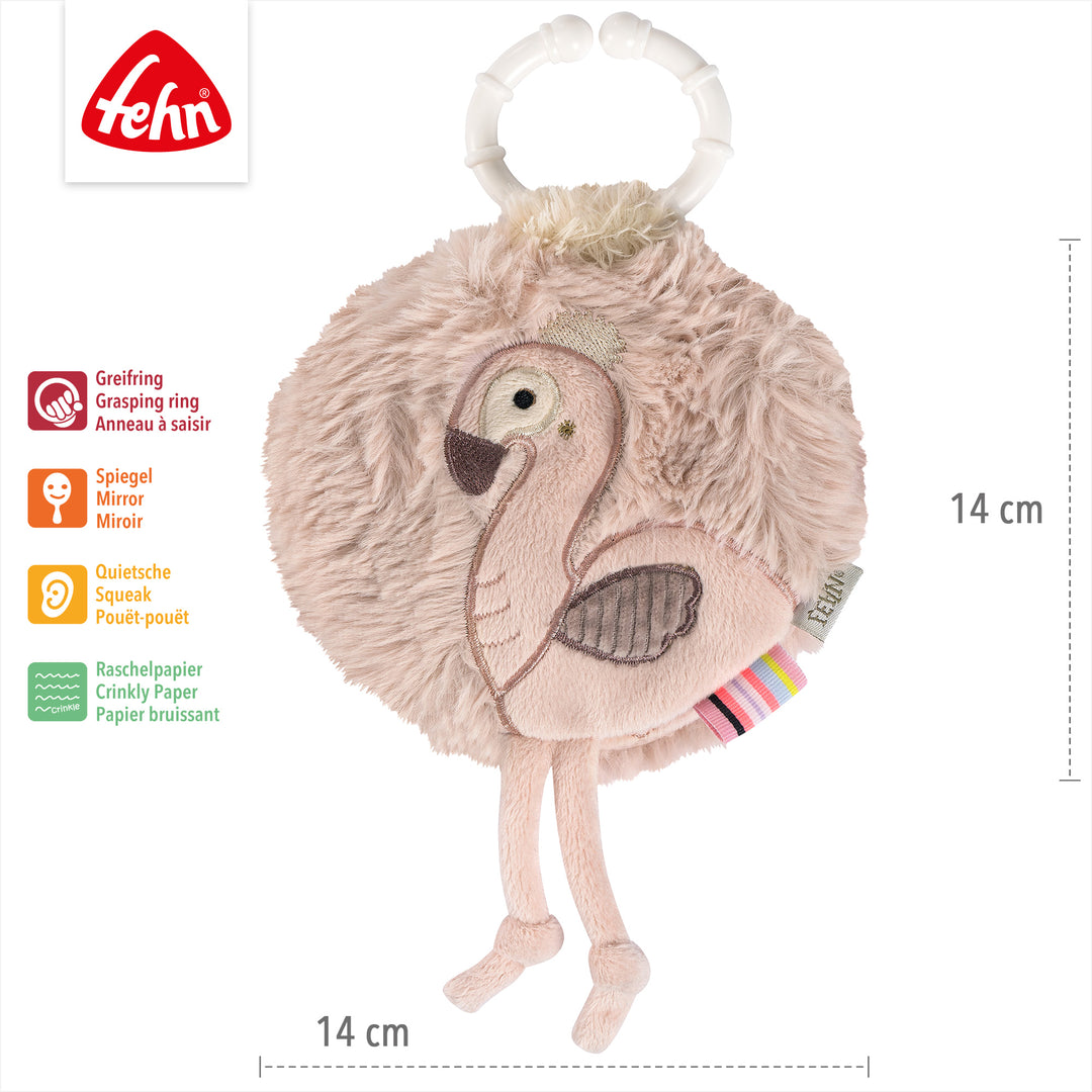 Baby Stoffbuch Flamingo mit Greifring, Spiegel, Quietsche und Raschelpapier, 14 x 14 cm