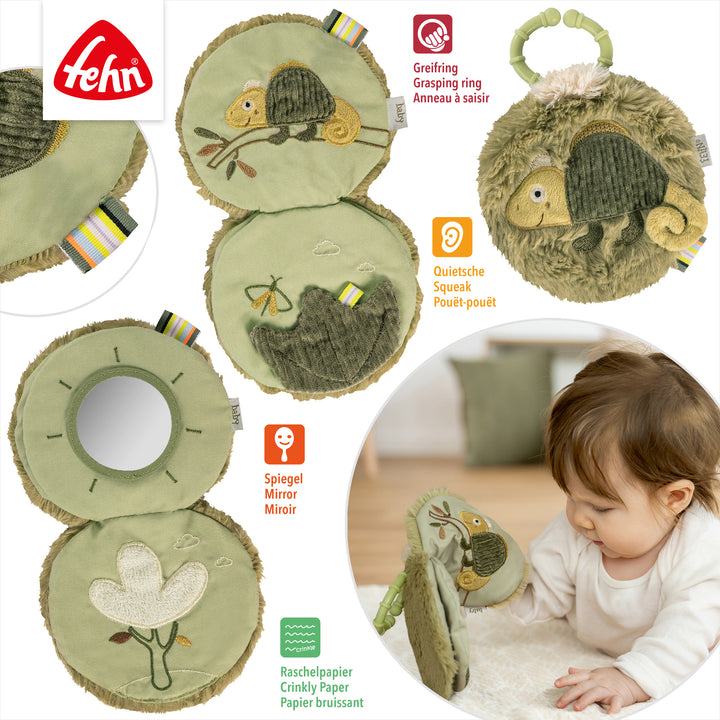 Innenseiten des Baby Stoffbuchs Chamäleon mit Spielelementen