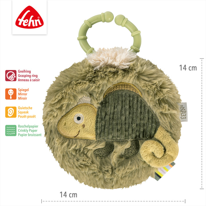 Baby Stoffbuch Chamäleon mit Greifring, Spiegel, Quietsche und Raschelpapier, 14 x 14 cm