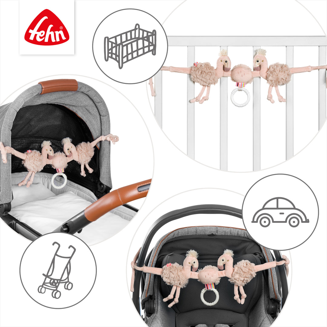 Baby Kinderwagenkette Flamingo an Babybett, Babyschale und Kinderwagen befestigt