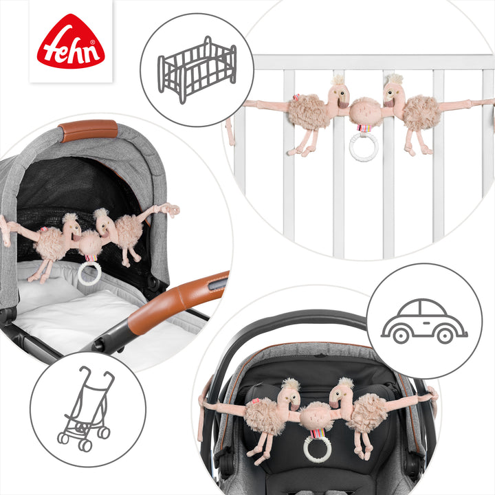 Baby Kinderwagenkette Flamingo an Babybett, Babyschale und Kinderwagen befestigt