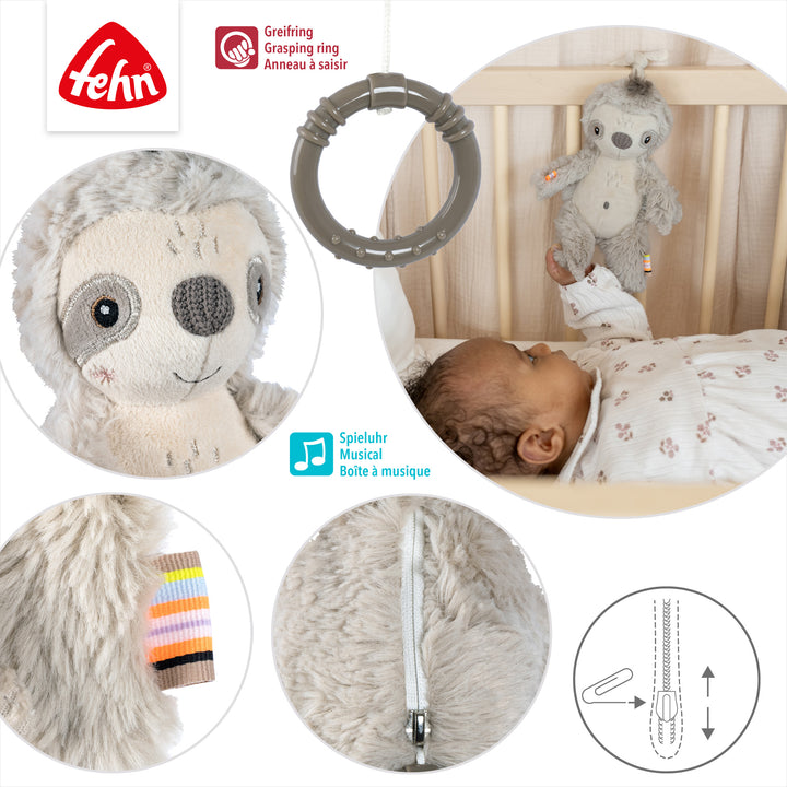 Detailansicht der Baby Spieluhr Faultier mit Reißverschluss