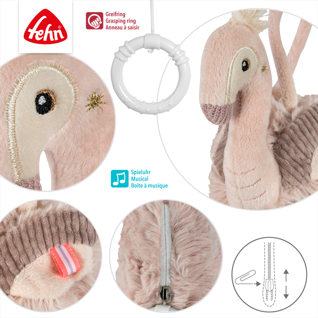 Detailansicht der Baby Spieluhr Flamingo mit Reißverschluss