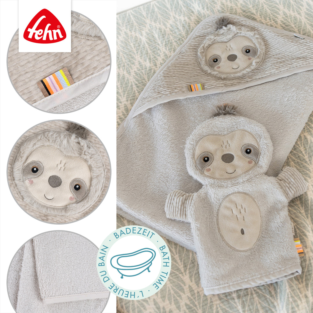 Details des Baby Kapuzenbadetuch Faultier für die Badezeit