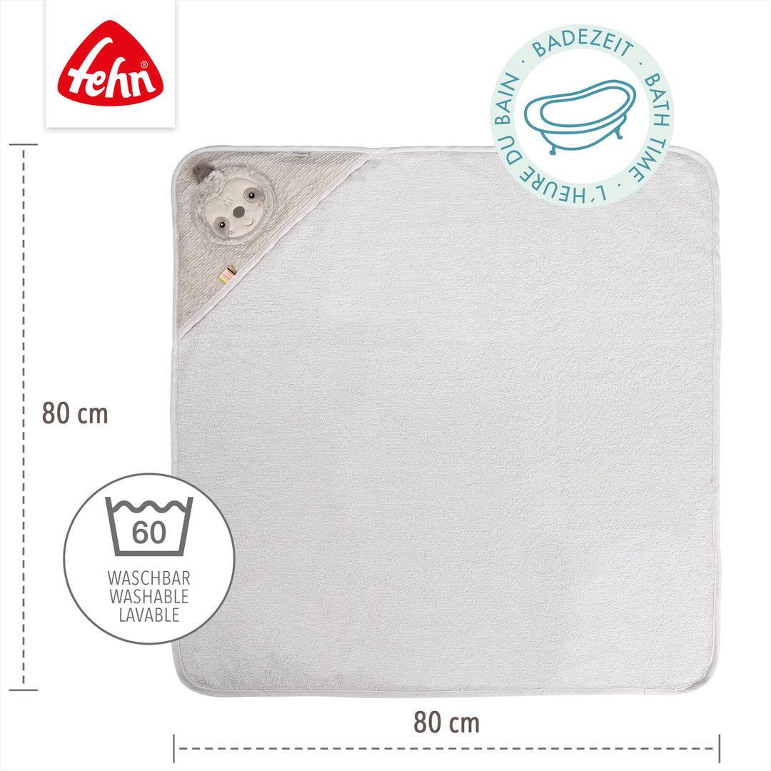 Baby Kapuzenbadetuch Faultier, 80 x 80 cm, waschbar bei 60°C