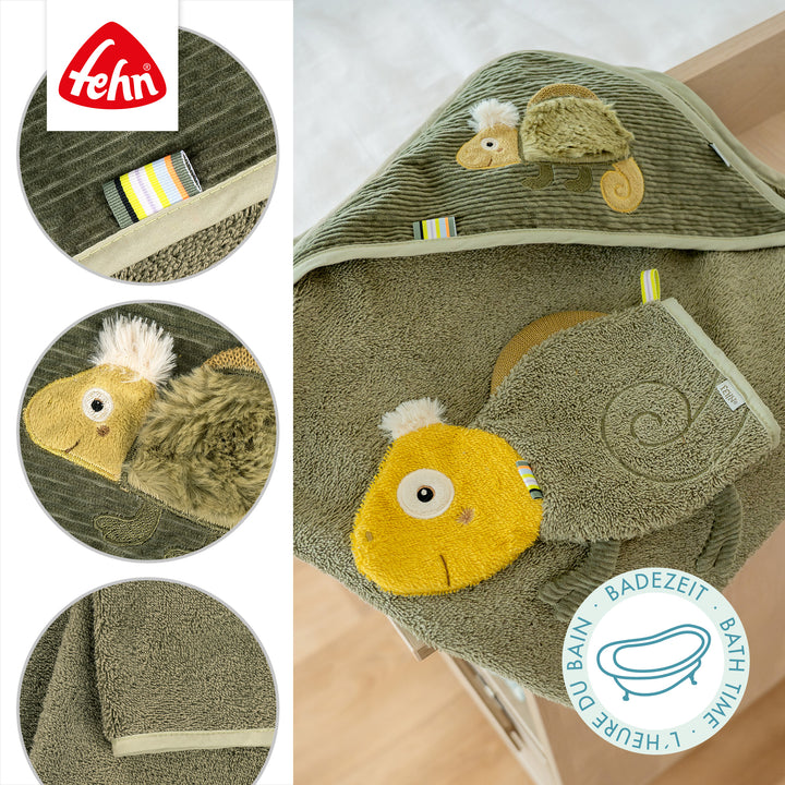 Details des Baby Kapuzenbadetuch Chamäleon für die Badezeit
