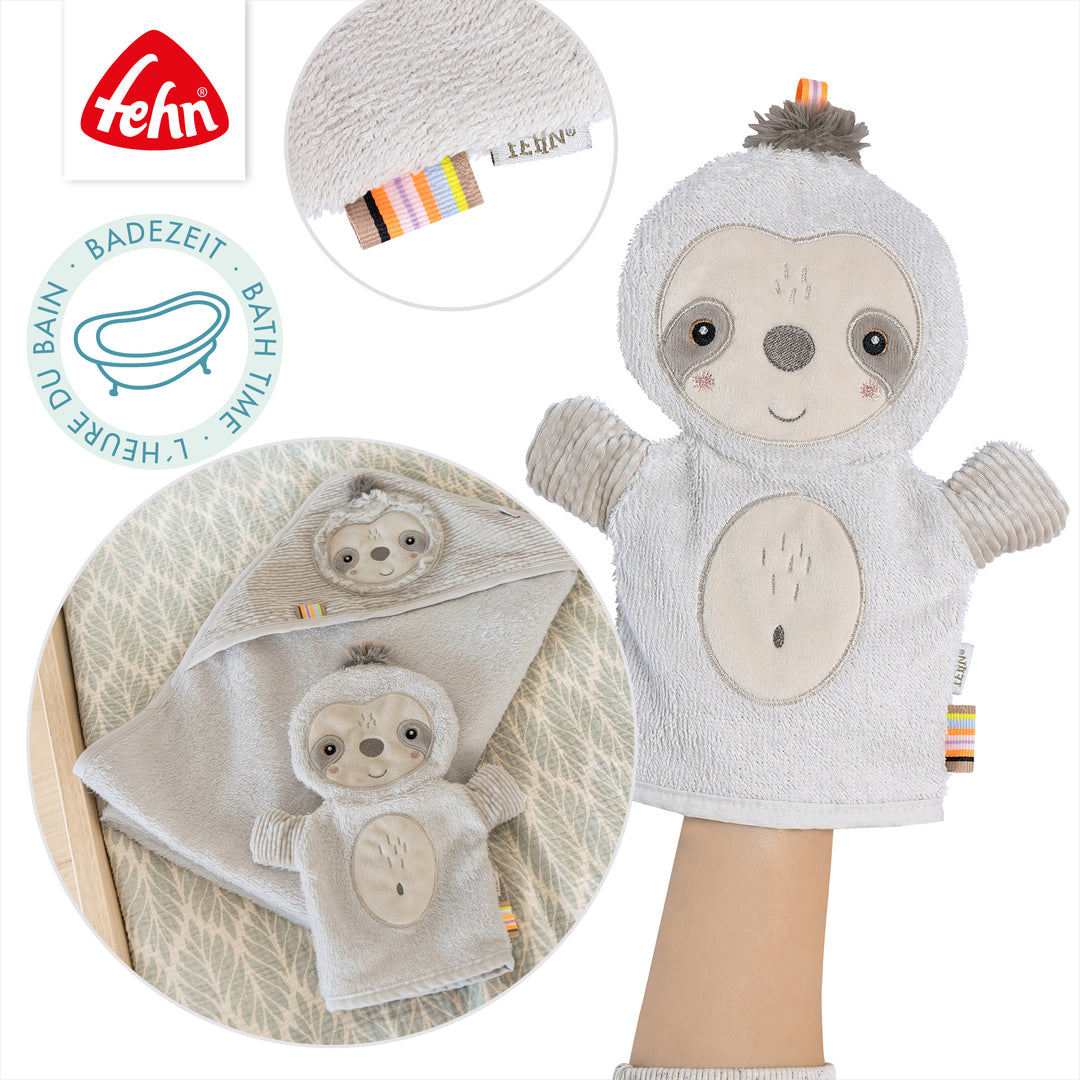 Details des Baby Waschhandschuhs Faultier aus weichem Frottee