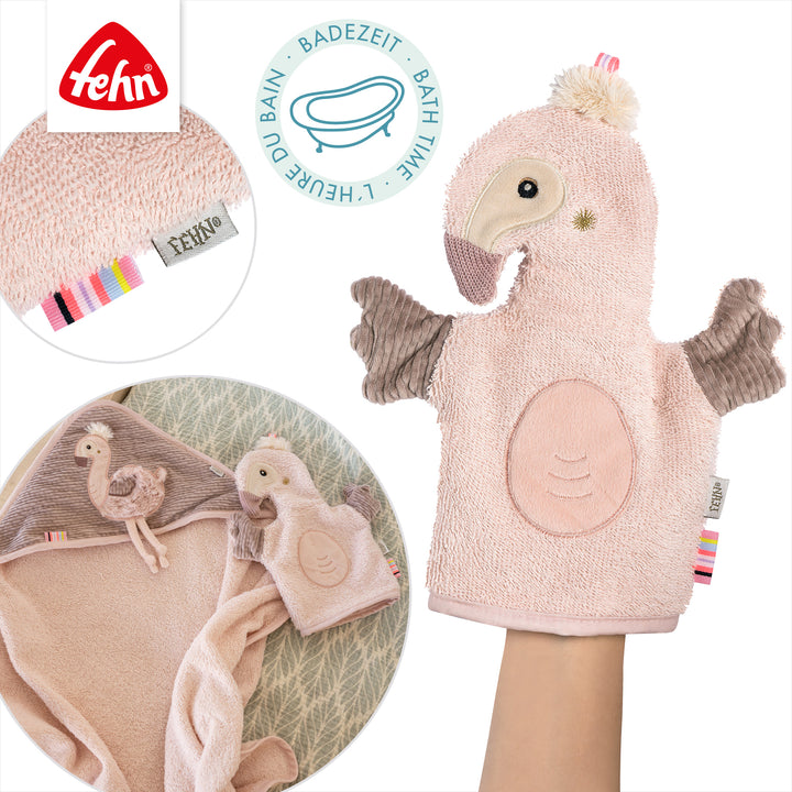 Details des Baby Waschhandschuhs Flamingo aus weichem Frottee