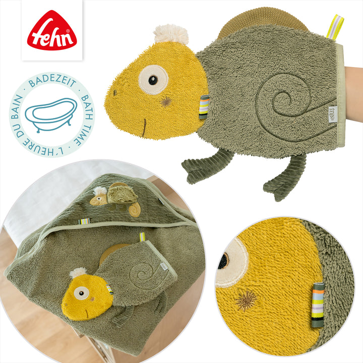 Details des Baby Waschhandschuhs Chamäleon aus weichem Frottee
