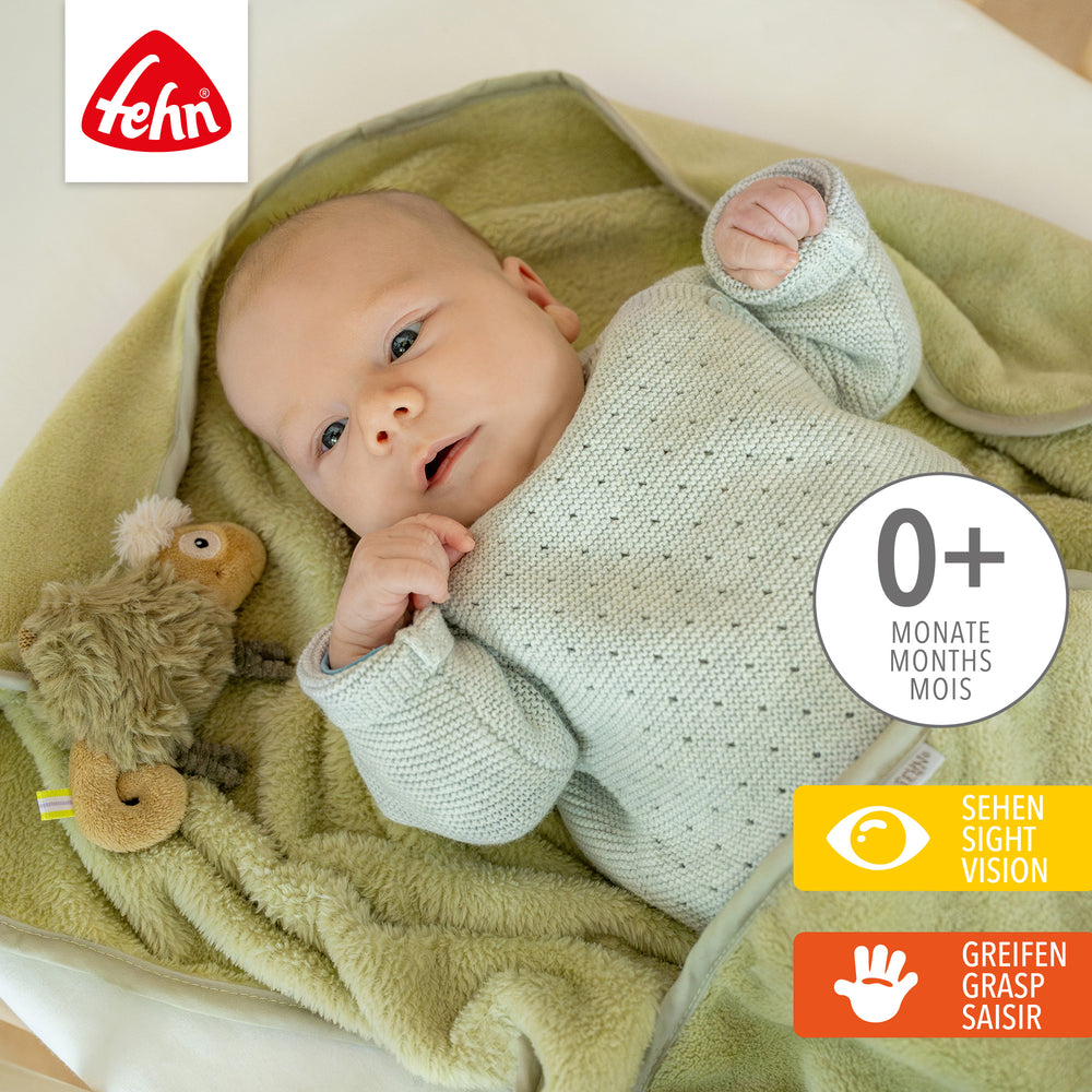 Baby liegt in Baby Kuscheldecke Chamäleon