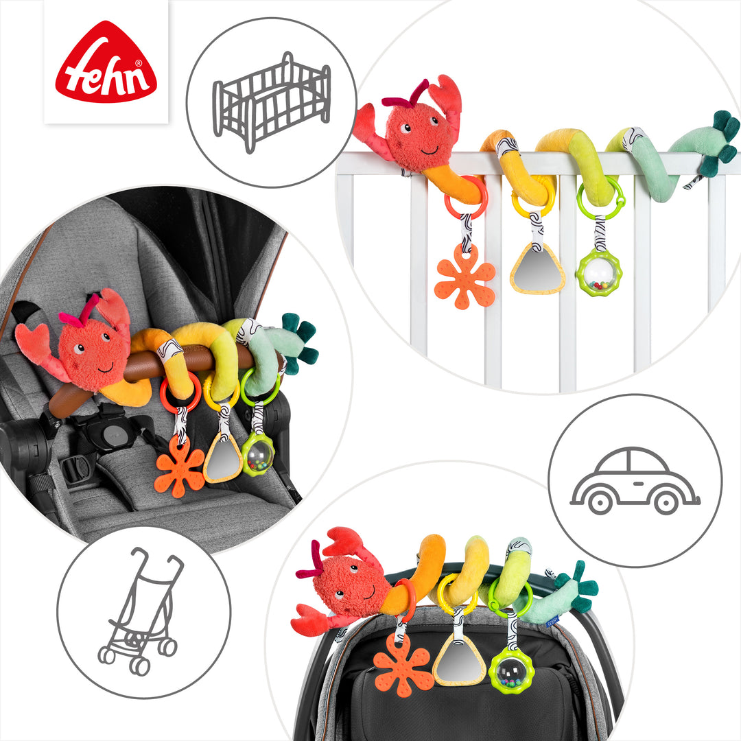 Baby Activity-Spirale Hummer an Babybett, Babyschale und Kinderwagen befestigt