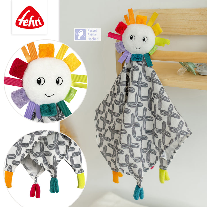 Detailansicht des Baby Schmusetuchs Sonne mit Rassel