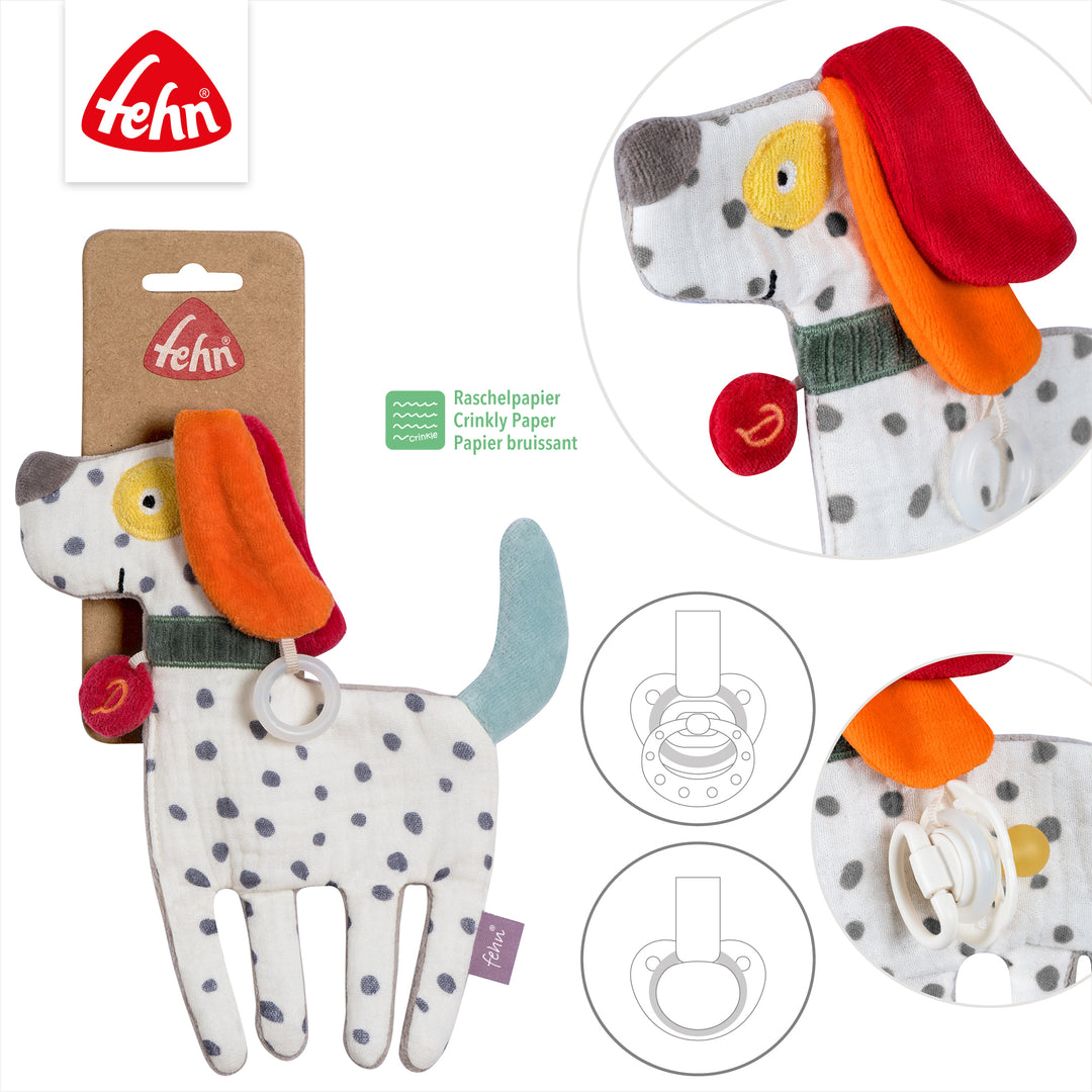Details des Baby Knister-Hundes mit integriertem Raschelpapier &amp; Schnullerring