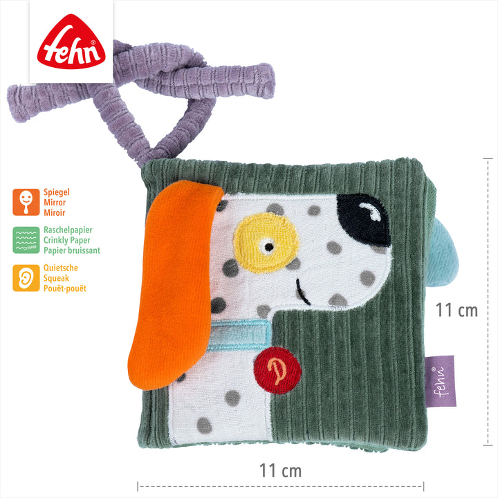 Baby Stoffbuch Hund mit Spiegel, Quietsche und Raschelpapier, 11 x 11 cm