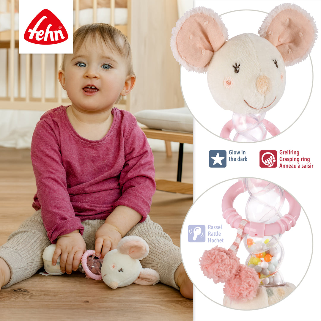 Detailansicht des Baby Regenmachers Maus mit integrierter Rassel und Greifring