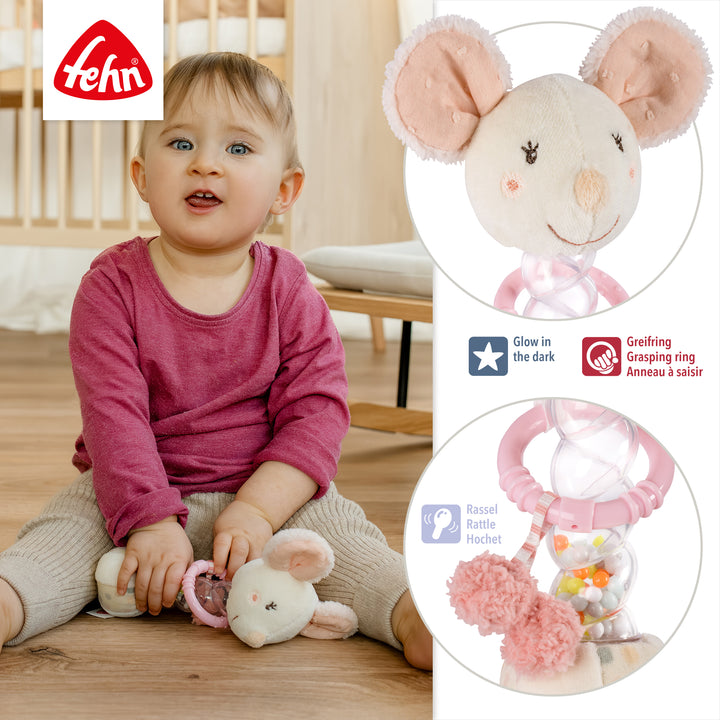 Detailansicht des Baby Regenmachers Maus mit integrierter Rassel und Greifring
