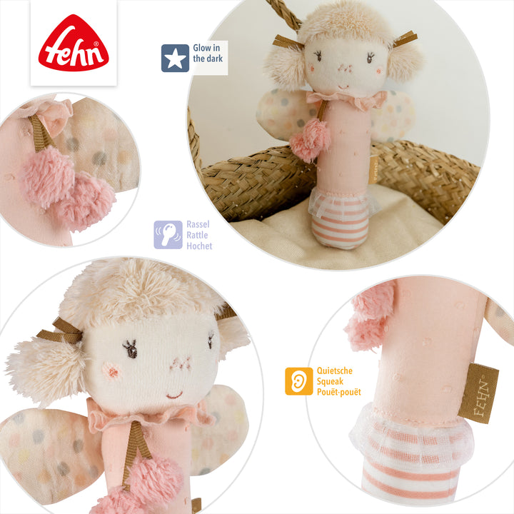 Detailansicht des Baby Stabgreiflings Fee mit integrierter Rassel und Quietsche