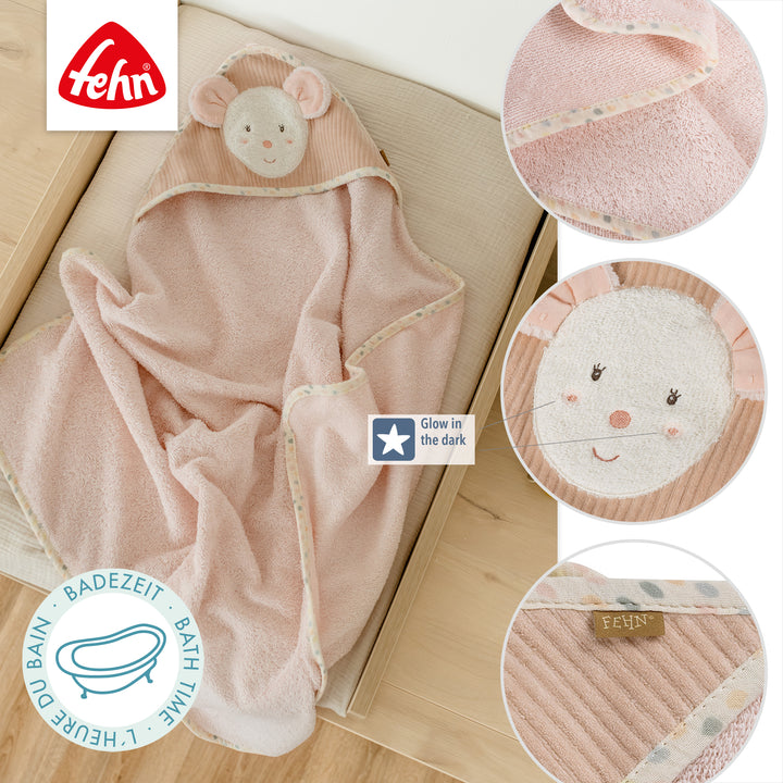Details des Kapuzenbadetuch Maus mit Glow in the dark-Bestickung