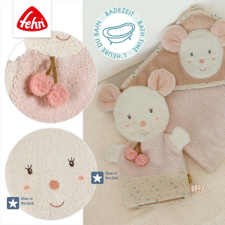 Details des Baby Waschhandschuhs Maus mit Glow in the dark-Bestickung