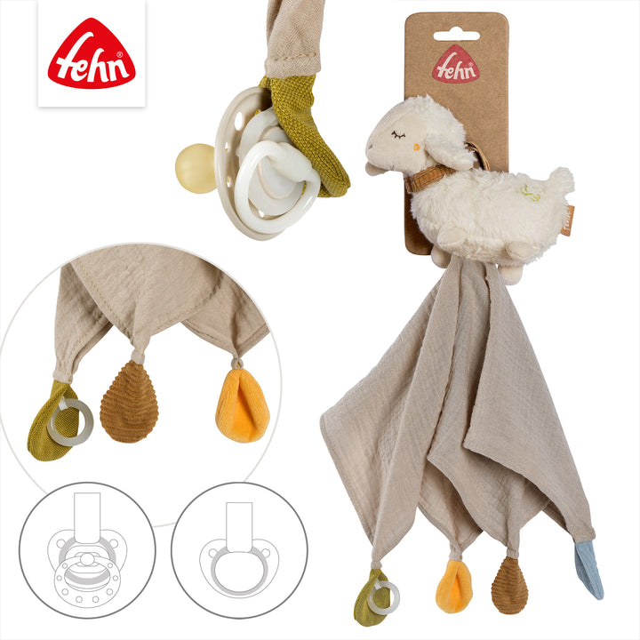 Detailansicht des Baby Schmusetuchs Schaf mit Schnullerring