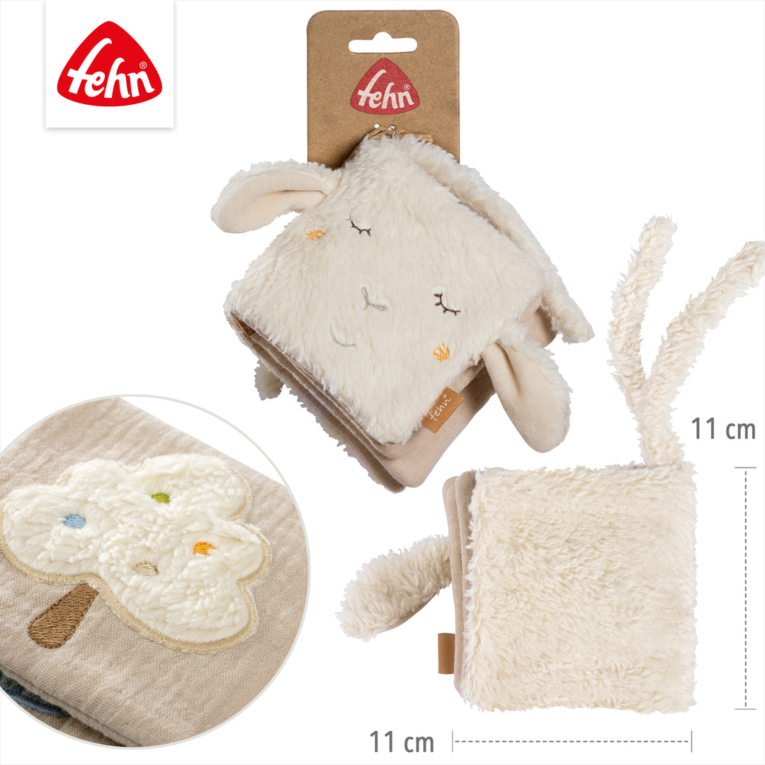 Details des Baby Stoffbuchs Schaf auf Verpackung, 11 x 11 cm