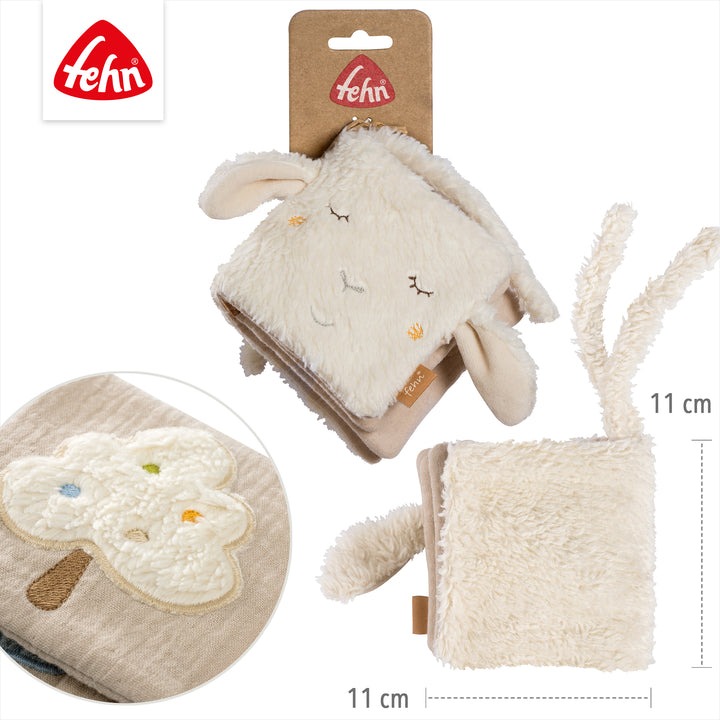 Details des Baby Stoffbuchs Schaf auf Verpackung, 11 x 11 cm